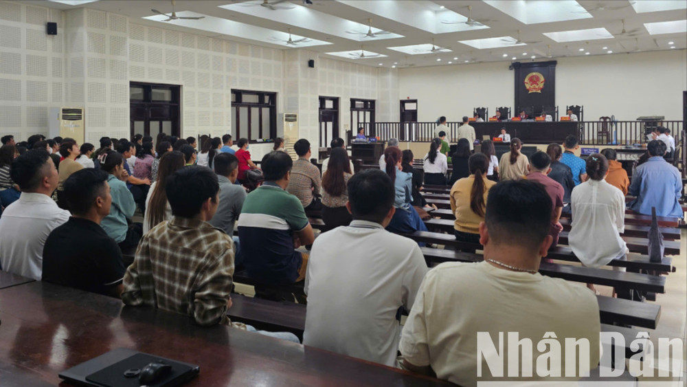 Gần 600 bị hại đã sập bẫy góp vốn đầu tư vào công ty "ma" do Nguyễn Thái Điền và Đào Nguyên Nghị lập ra. Hình ảnh tại phiên tòa ngày 7/6. (Ảnh: AD) c003965ed09d64c33d8c-5975.jpg