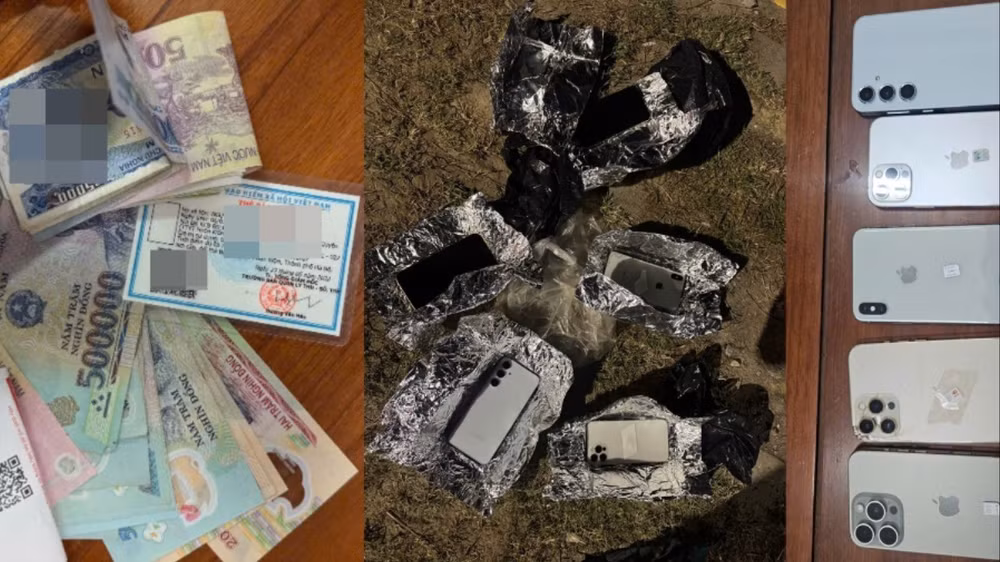 Tang vật bị thu giữ tại hiện trường khi nhóm đối tượng bị bắt. (Ảnh: Công an cung cấp)