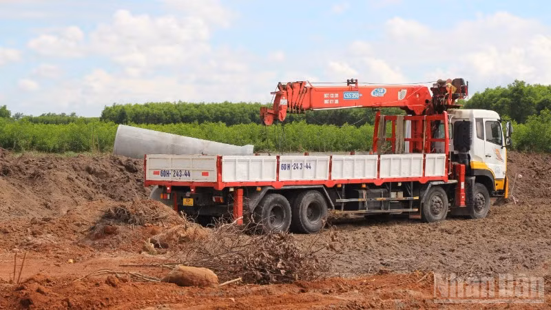 Công nhân đang thi công đường 25C đoạn nối trực tiếp vào đường T1 tới sân bay Long Thành.