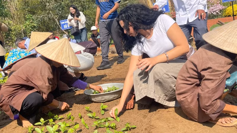 Du khách quốc tế tham gia trồng rau tại Lễ hội cầu bông Trà Quế, thành phố Đà Nẵng.