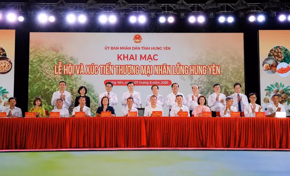 Lễ ký kết hợp đồng tiêu thụ sản phẩm nhãn giữa các hợp tác xã, nhà vườn lớn và các doanh nghiệp tiêu thụ trong nước và xuất khẩu, nhằm thúc đẩy đầu ra bền vững cho sản phẩm nhãn lồng Hưng Yên. (Ảnh: BCT cung cấp)