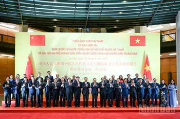 Chủ tịch Quốc hội Trần Thanh Mẫn và Ủy viên trưởng Nhân đại toàn quốc Trung Quốc Triệu Lạc Tế và đại biểu hai nước dự phiên họp.