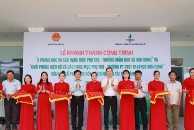Các đại biểu thực hiện nghi thức cắt băng khánh thành công trình.