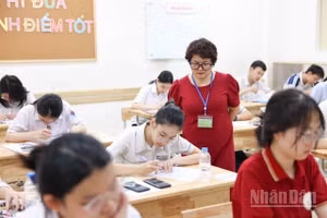 Trong phòng thi môn Toán kỳ thi tuyển sinh vào lớp 10 tại điểm thi Trường trung học cơ sở Ngô Sĩ Liên. (Ảnh: ĐẠI THẮNG)