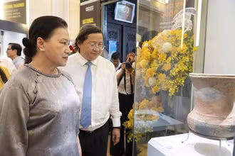Nguyên Chủ tịch Quốc hội Nguyễn Thị Kim Ngân tham quan trưng bày (Ảnh Quốc Thanh).