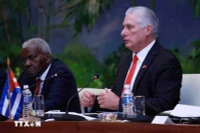 Bí thư Thứ nhất Đảng Cộng sản Cuba, Chủ tịch Cuba Miguel Diaz Canel Bermudez phát biểu tại cuộc hội đàm với Tổng Bí thư, Chủ tịch nước Tô Lâm. (Ảnh: Lâm Khánh/TTXVN)