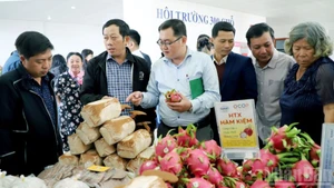 Các doanh nghiệp, hợp tác xã, cơ sở sản xuất tại Lâm Đồng giới thiệu nông sản bên lề hội nghị.