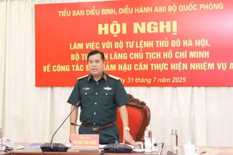 Đồng chí Thiếu tướng Huỳnh Tấn Hùng, Phó Chủ nhiệm Tổng cục Hậu cần-Kỹ thuật, Phó Trưởng Tiểu ban A80 Bộ Quốc phòng chủ trì Hội nghị.