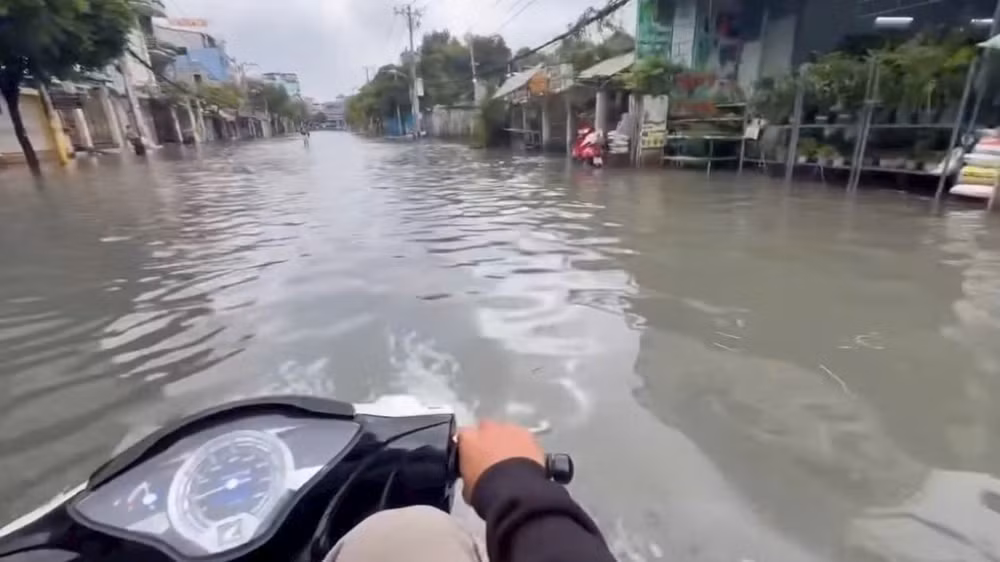 Khu vực làng hoa Gò Vấp ngập như sông sau cơn mưa chiều 7/10. (Ảnh: TẤT ĐẠT)