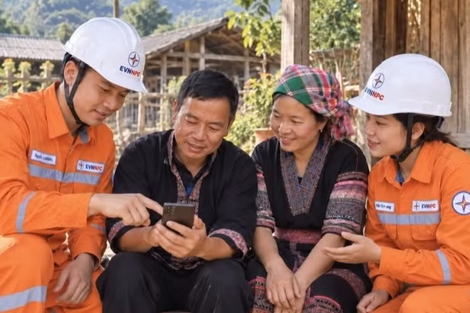 Cán bộ Công ty Điện lực Sơn La hướng dẫn khách hàng sử dụng ứng dụng EVN CSKH và tiếp cận các dịch vụ điện trực tuyến thuận tiện, an toàn. (Ảnh: EVNNPC cung cấp)