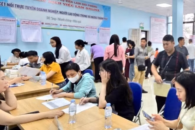 Một phiên giao dịch việc làm định kỳ tại Trung tâm dịch vụ việc làm Hải Phòng được tổ chức theo hình thức trực tiếp phối hợp trực tuyến (qua livestream). (Ảnh: HUY ĐẠI)