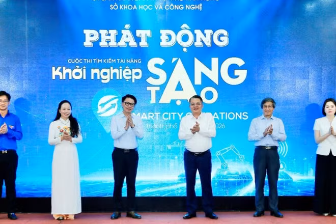 Các đại biểu thực hiện nghi thức phát động cuộc thi tìm kiếm tài năng khởi nghiệp sáng tạo thành phố Hải Phòng năm 2026.