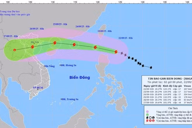 Bản đồ dự báo quỹ đạo và cường độ siêu bão Ragasa phát lúc 2 giờ ngày 22/9. (Ảnh: Báo Nhân Dân điện tử)