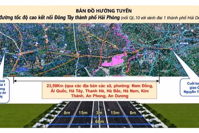 Bản đồ hướng tuyến tuyến đường kết nối đông-tây thành phố. (Ảnh: ĐÀM THANH)