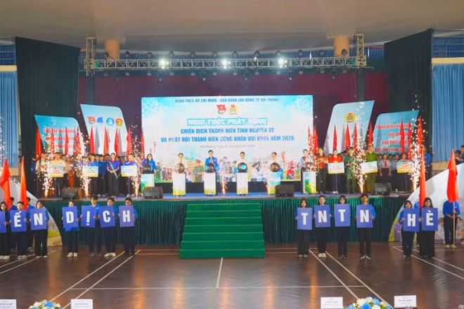 Các đại biểu thực hiện nghi thức Lễ ra quân Chiến dịch thanh niên tình nguyện hè và Ngày hội thanh niên công nhân vui khỏe năm 2026.