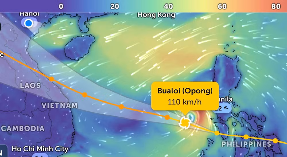 Vị trí bão Bualoi lúc 20 giờ 30 phút ngày 26/9. (Ảnh Zoom Earth)
