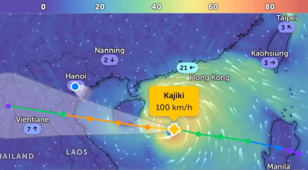 Vị trí bão số 5 (Kajiki) lúc 21 giờ. (Ảnh Zoom Earth)