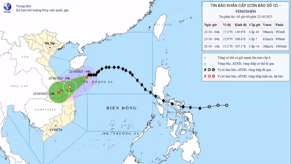 Bản đồ dự báo quỹ đạo và cường độ bão phát lúc 5 giờ ngày 22/10. (Ảnh: Trung tâm Dự báo khí tượng thủy văn quốc gia)