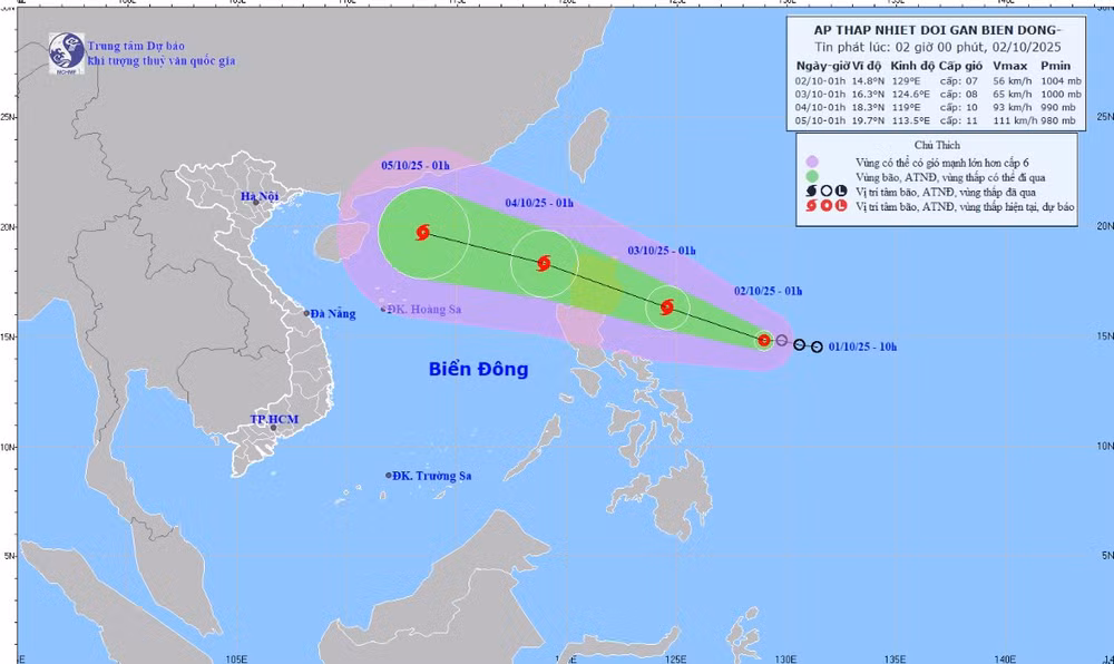 Bản đồ dự báo quỹ đạo và cường độ áp thấp nhiệt đới phát lúc 2 giờ ngày 2/10.