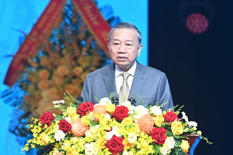 Tổng Bí thư Tô Lâm phát biểu tại lễ kỷ niệm. (Ảnh: ĐĂNG KHOA) a10-bnd-0835.jpg