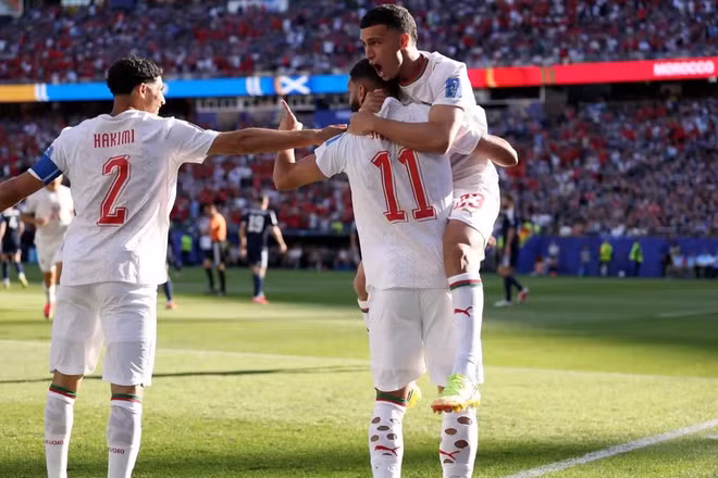 Các tuyển thủ Morocco ăn mừng bàn thắng duy nhất của trận đấu. (Ảnh: FIFA)