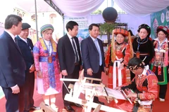 Các đại biểu thăm quan gian trưng bày, giới thiệu sản phẩm tại Đại hội đại biểu Hội Nông dân tỉnh Tuyên Quang. 