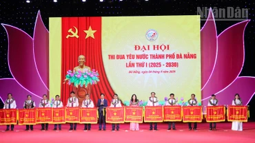 Lãnh đạo Thành ủy Đà Nẵng trao tặng Cờ thi đua của Chính phủ cho các tập thể.