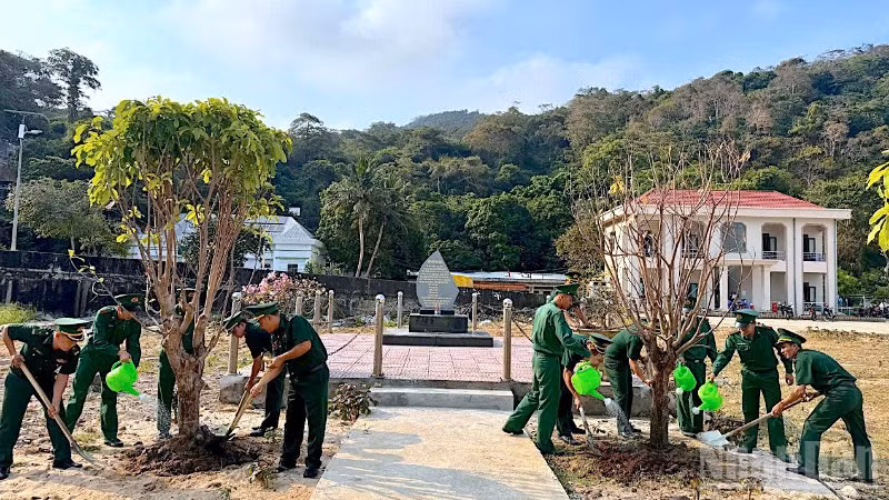 Cán bộ, chiến sĩ Đồn Biên phòng Hòn Khoai tham gia trồng cây sau lễ phát động phong trào. 