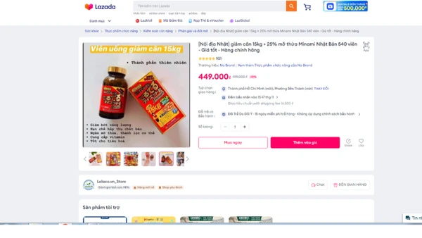 Hình ảnh quảng cáo sản phẩm viên uống giảm cân 15kg trên Lazada. (Ảnh: VFA)