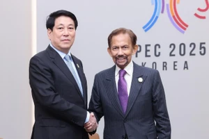 Chủ tịch nước Lương Cường gặp Quốc vương Brunei Hassanal Bolkiah tại Tuần lễ cấp cao APEC 2025. (Ảnh: TTXVN)