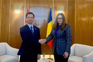 Đại sứ Lê Vĩnh Thắng chào xã giao Quốc vụ khanh Bộ Ngoại giao Romania Ana Tinca. (Ảnh do Đại sứ quán Việt Nam tại Romania cung cấp)