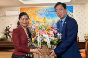 Đại sứ Vũ Hồ gửi lời chúc mừng năm mới tốt đẹp nhất tới Đại sứ Kaymany Oraboune.