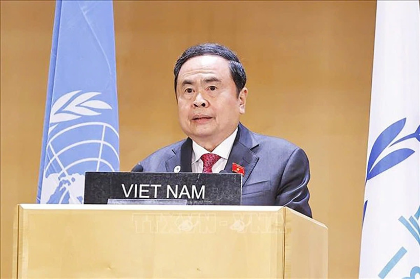 Chủ tịch Quốc hội Trần Thanh Mẫn dự và phát biểu tại Phiên thảo luận chung với chủ đề “Một thế giới đang hỗn loạn: Hợp tác nghị viện và chủ nghĩa đa phương vì hòa bình, công bằng và thịnh vượng cho mọi người dân”. (Ảnh: TTXVN)