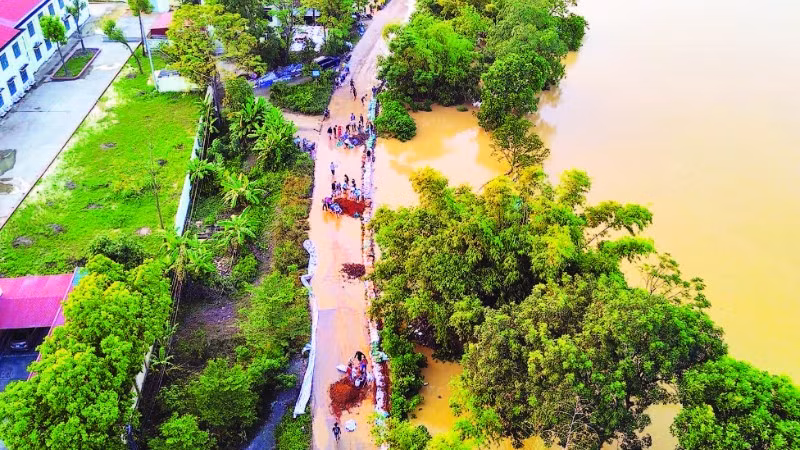 Xử lý sự cố đê điều tại xã Đa Phúc, Hà Nội. (Ảnh: PHẠM HẢI)