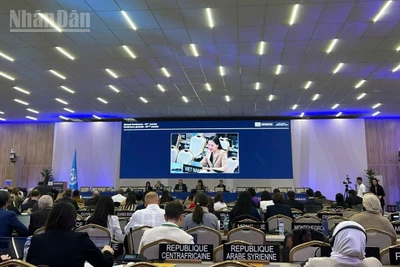 Đại sứ Nguyễn Thị Vân Anh, Trưởng Phái đoàn thường trực Việt Nam bên cạnh UNESCO, giới thiệu dự thảo Nghị quyết.