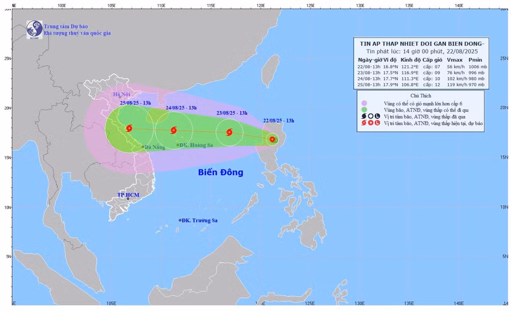 Bản đồ dự báo quỹ đạo và cường độ của áp thấp nhiệt đới lúc 14 giờ ngày 22/8/2025. (Ảnh: Trung tâm Dự báo khí tượng thủy văn quốc gia)