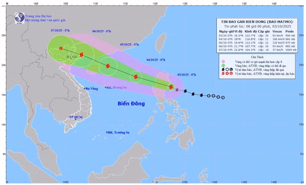 Bản đồ dự báo quỹ đạo và cường độ bão phát lúc 8 giờ sáng 3/10/2025. (Nguồn: Trung tâm Dự báo khí tượng thủy văn quốc gia)