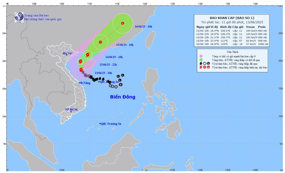 Bản đồ dự báo quỹ đạo và cường độ Bão số 1 lúc 11 giờ ngày 13/6. (Ảnh: Theo Trung tâm Dự báo khí tượng thủy văn quốc gia)