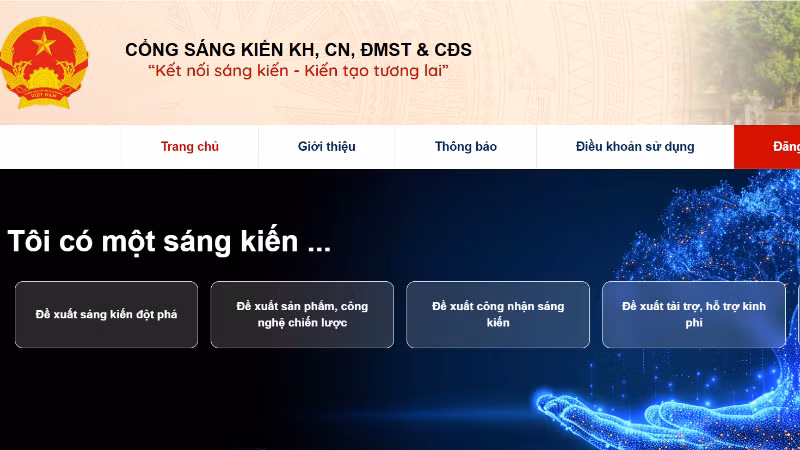 Giao diện của Cổng sáng kiến tiếp nhận và lan tỏa sáng kiến khoa học, công nghệ, đổi mới sáng tạo và chuyển đổi số.