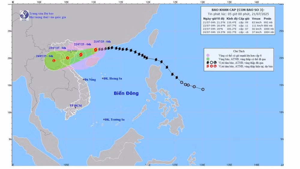 Bản đồ dự báo quỹ đạo và cường độ bão số 3 phát lúc 5 giờ ngày 21/7/2025. (Ảnh: Theo Trung tâm Dự báo khí tượng thủy văn quốc gia)