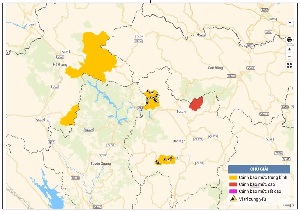 Bản đồ nguy cơ lũ quét, sạt lở đất đá trên các khu vực. (Ảnh: Trung tâm Dự báo khí tượng thủy văn quốc gia)