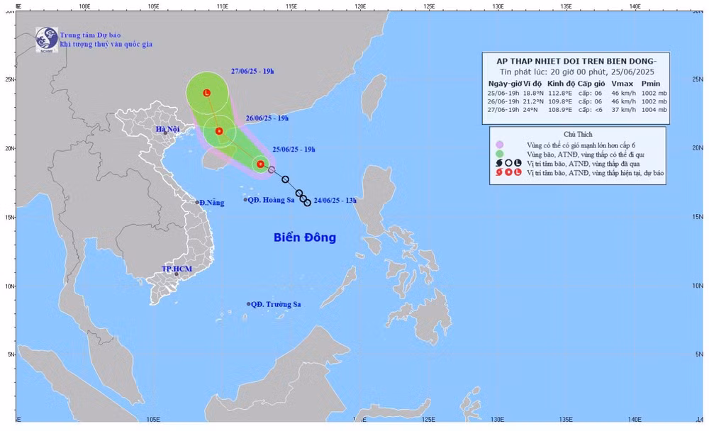 Bản đồ dự báo quỹ đạo và cường độ áp thấp nhiệt đới lúc 20 giờ ngày 25/6. (Ảnh: Trung tâm Dự báo khí tượng thủy văn quốc gia)
