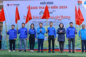 Trao cờ cho các đội thanh niên tình nguyện (Ảnh THANH SƠN).