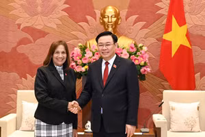 Chủ tịch Quốc hội Vương Đình Huệ chào mừng Phó Chủ tịch Quốc hội Cuba Ana María Mari Machado. (Ảnh: DUY LINH)