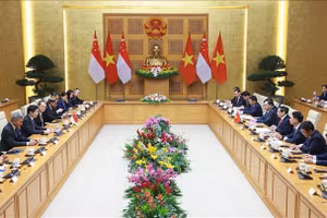 Thủ tướng Phạm Minh Chính và Thủ tướng Singapore Lawrence Wong hội đàm. (Ảnh: Dương Giang/TTXVN) 