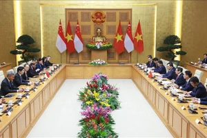 Thủ tướng Phạm Minh Chính và Thủ tướng Singapore Lawrence Wong hội đàm. (Ảnh: Dương Giang/TTXVN) 