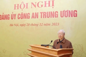 Tổng Bí thư Nguyễn Phú Trọng phát biểu tại Hội nghị Đảng ủy Công an Trung ương năm 2023. (Ảnh: TTXVN)