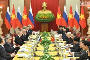 Tổng Bí thư Nguyễn Phú Trọng và Tổng thống Liên bang Nga Vladimir Putin hội đàm ngày 20/6/2024. (Ảnh: ĐĂNG KHOA)