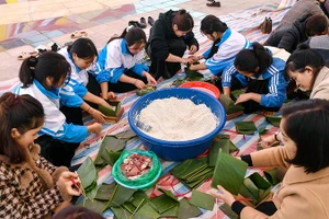 Học sinh trường Phổ thông Dân tộc nội trú, Trung học phổ thông Nậm Pồ gói bánh chưng gửi đồng bào nghèo vùng biên viễn Điện Biên. Ảnh: THÀNH ĐẠT