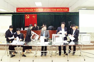 Kiểm phiếu tại phiên đấu giá đất tại huyện Mê Linh. (Ảnh Hoàng Sơn)